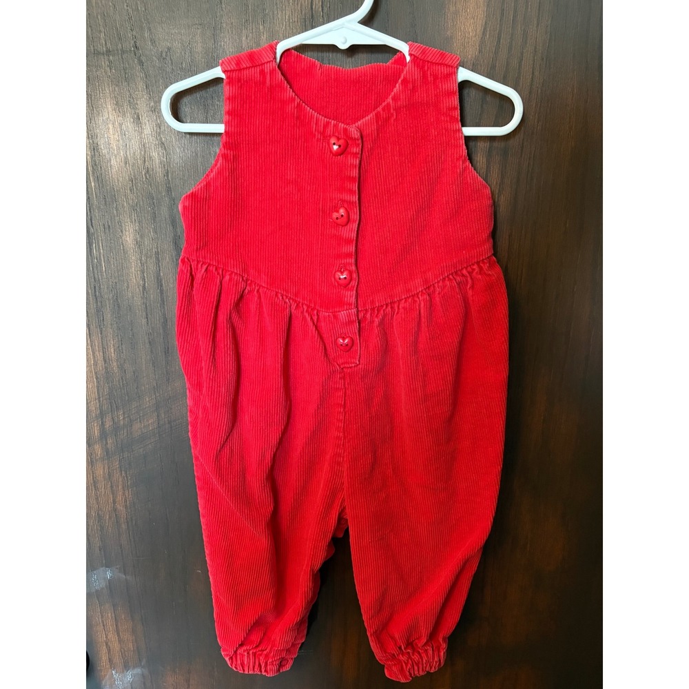 Vintage Red Corduroy Romper Heart Buttons Sleeveless Bubble Jumpsuit 18 Months